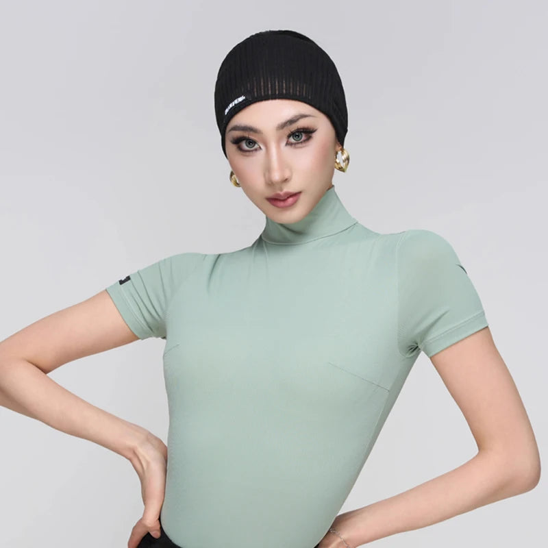 Women's White, Light Green, Black, and Gray Short Sleeve Mock Neck Dance Top with Flared Dance Pants