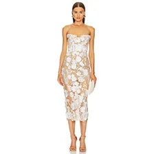 Strapless Floral Embroidered Sheath Dress with Beaded Detail and Side Slits