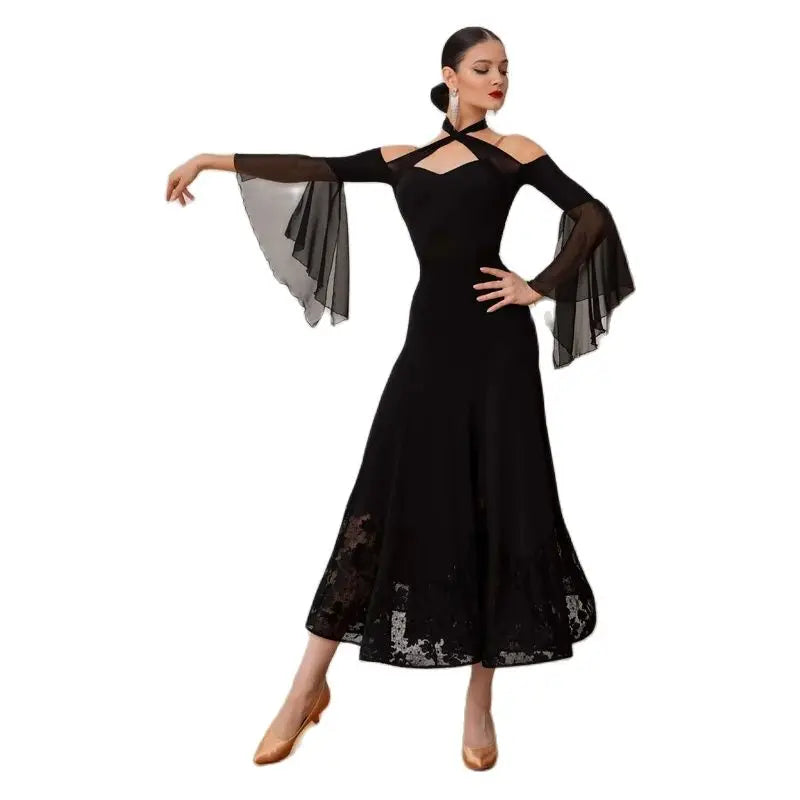 Women's Black Cold Shoulder Mesh Sleeve Lace Hem Ballroom Dance Dress