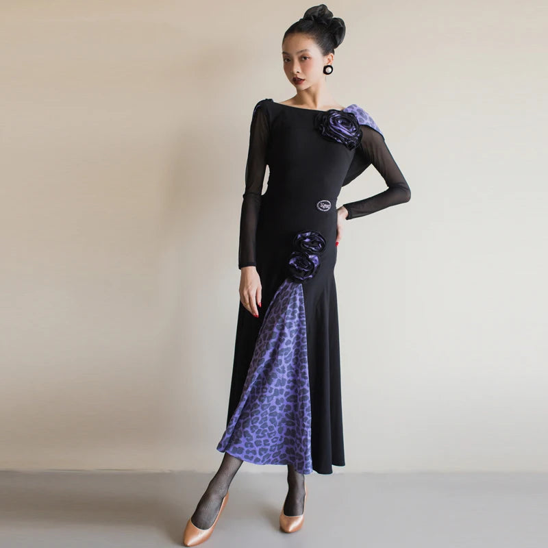Ballroom Dance Dress Women's Black & Purple Leopard Print Long Sleeve Backless Mesh Panel Standard Smooth Gown