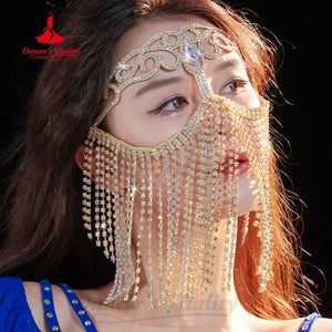 Belly Dance Face Veil Mask, Women's Gold Sparkly Rhinestone Tassel Headpiece, Egyptian Dance Jewelry Accessory