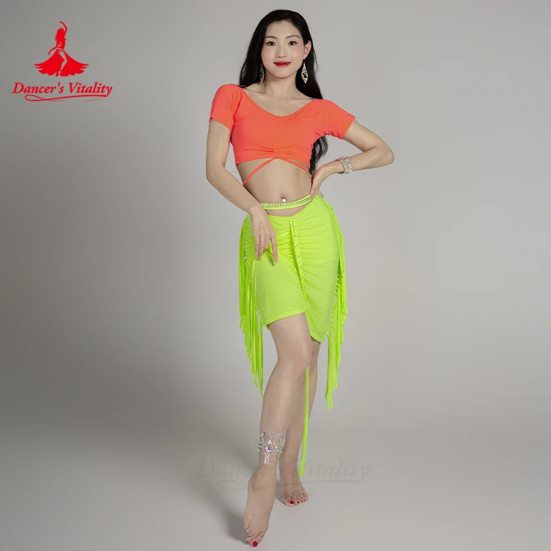 Girls' Belly Dance 2-Piece Costume Set With V-Neck Short-Sleeve Top And Tassel Skirt For Training