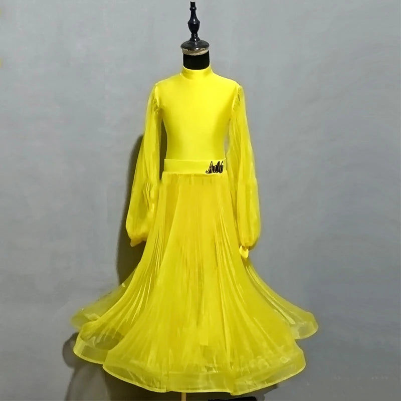 Children's Ballroom Dance Dress, Hot Pink, Royal Blue, Red, Yellow, Light Pink, Brown, Long Sleeve Mesh Skirt, Standard Latin Tango Waltz.
