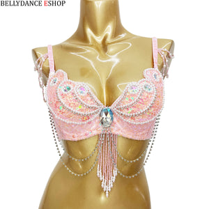 Women's Red Sequin & Pearl Beaded Belly Dance Bra Top with Shoulder & Waist Chains
