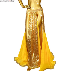 Belly Dance Women's Red Sequin Slit Skirt Chiffon Long Skirt with Elastic Waistband