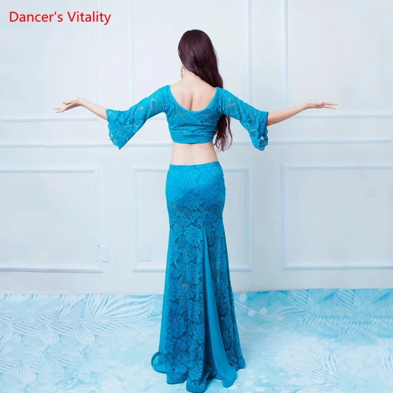Women's Fuchsia Lace Bell Sleeve Crop Top and Mermaid Skirt Set - Belly Dance
