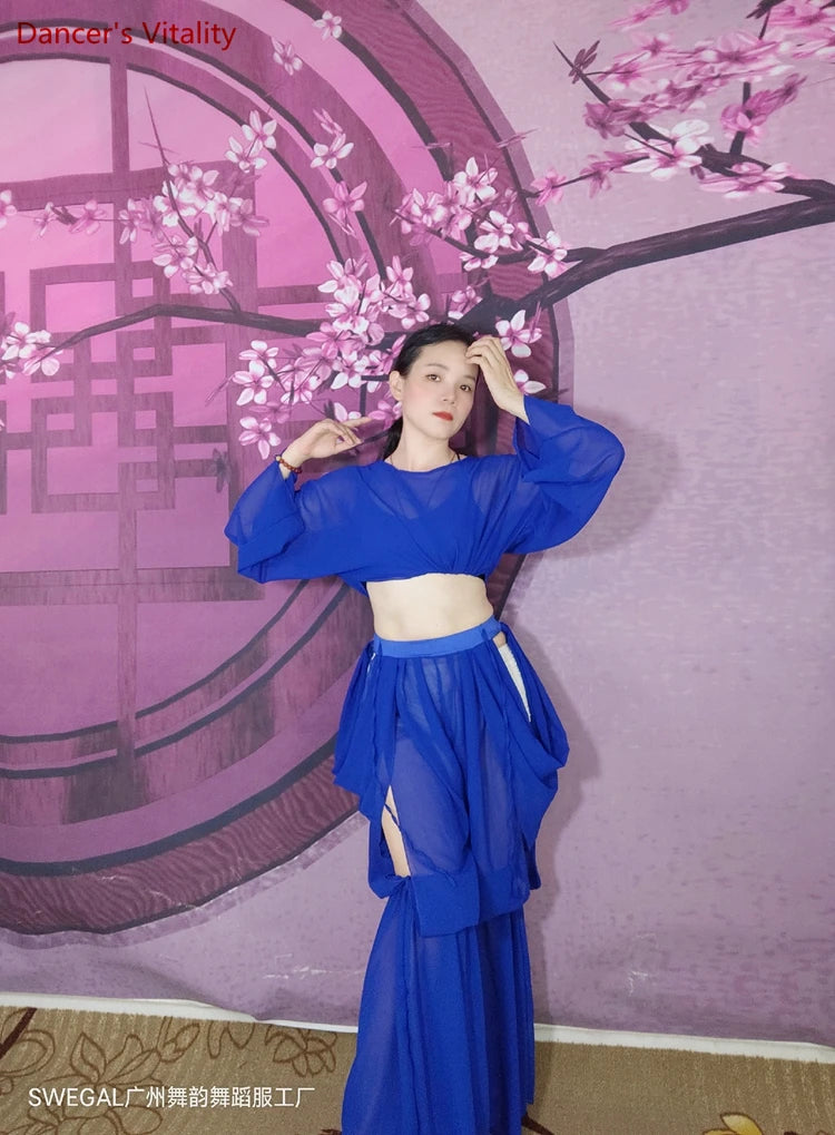 Belly Dance Women's Royal Blue Sheer Chiffon Cropped Top and Flowy Skirt Set with Side Slits