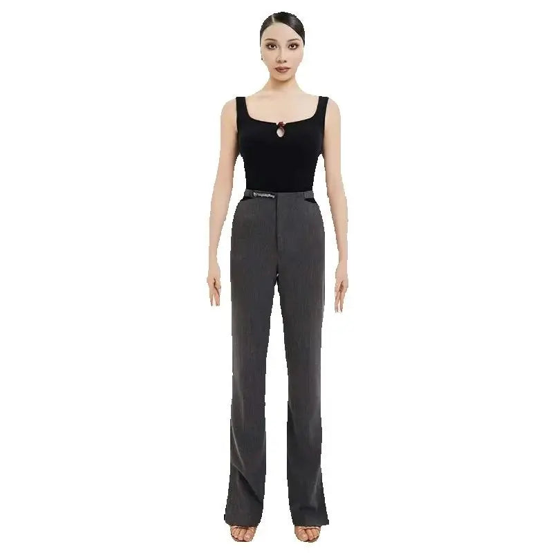 Women's Black and Beige Square Neck Bodysuit with Keyhole and Wide Leg Dance Trousers for Ballroom Dance