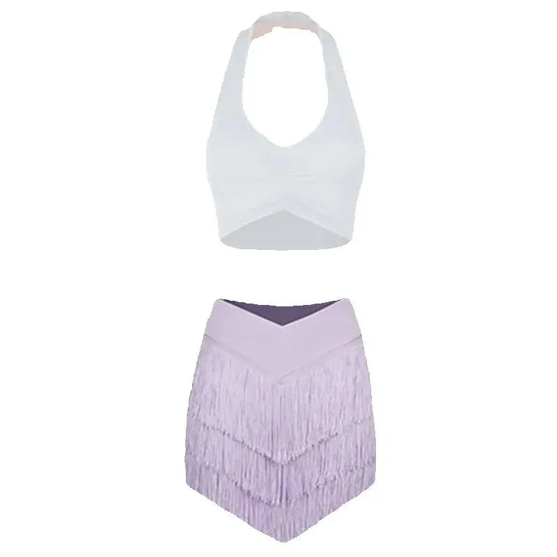 Women's Halter Neck Ruched Crop Top & Layered Fringe Latin Dance Skirt Set