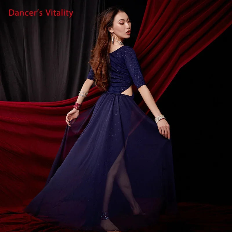 Women's Red Sequin Velvet Cutout Ruched Slit Belly Dance Dress with Flowing Scarf