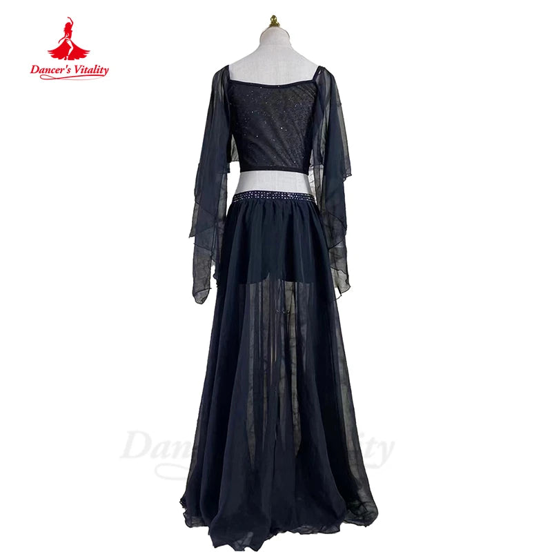 Belly Dance Costume Women's Royal Blue Chiffon & Spandex Crop Top with Sheer Sleeves and Long Skirt with Slits