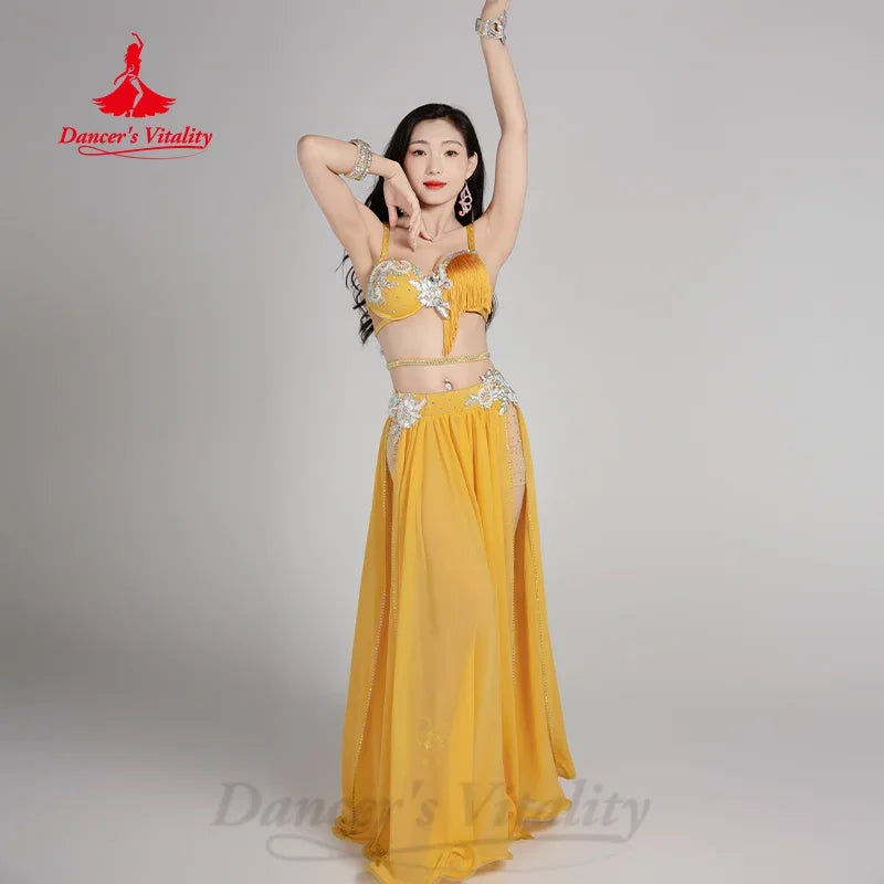 Belly Dance Costume Women Hot Pink Sequin Fringe Bra & Slit Skirt Set Chiffon Performance Outfit