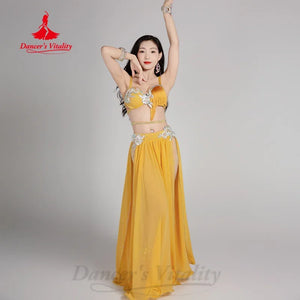 Belly Dance Costume Women Hot Pink Sequin Fringe Bra & Slit Skirt Set Chiffon Performance Outfit