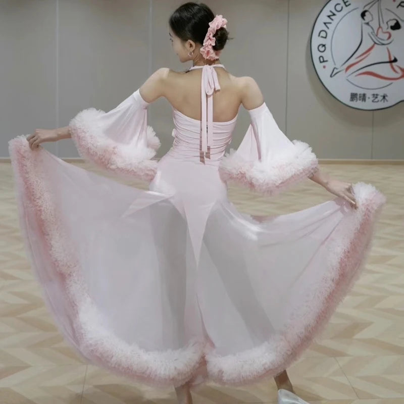 Women's Pink and Blue Halter Neck Ruffle Trim Ballroom Dance Dress