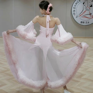 Women's Pink and Blue Halter Neck Ruffle Trim Ballroom Dance Dress