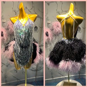 Dance Dress Women's Black and Pink Ostrich Feather Rhinestone Halter Latin Ballroom Salsa Rumba