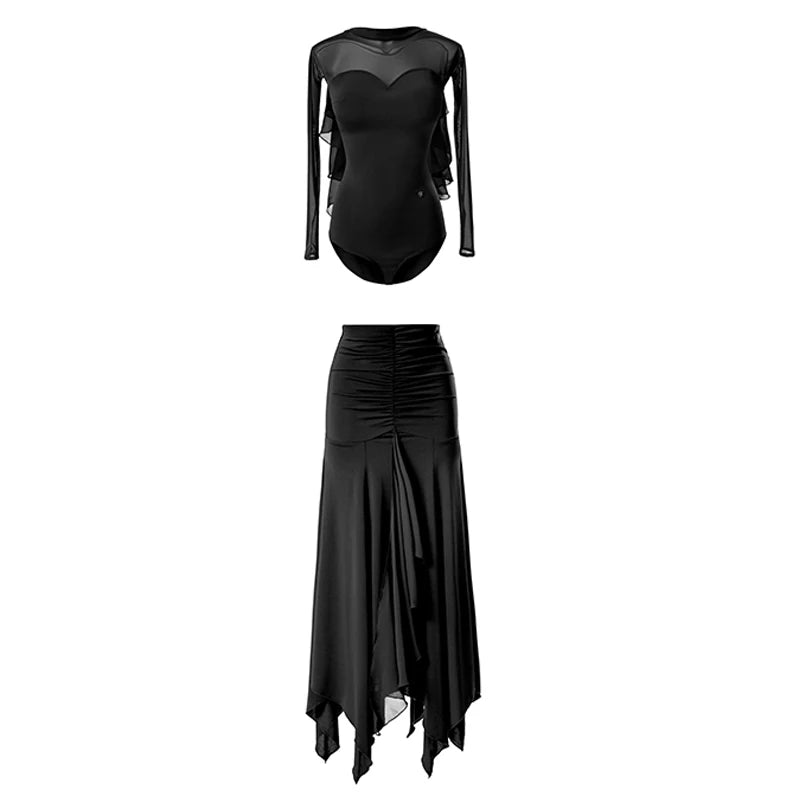 Dance Dress Women's Burgundy Mesh Long Sleeve Ruched Asymmetrical Hem Ballroom Latin Dance Dress
Dance Dress Women's Black Mesh Long Sleeve Ruched Asymmetrical Hem Ballroom Latin Dance Dress