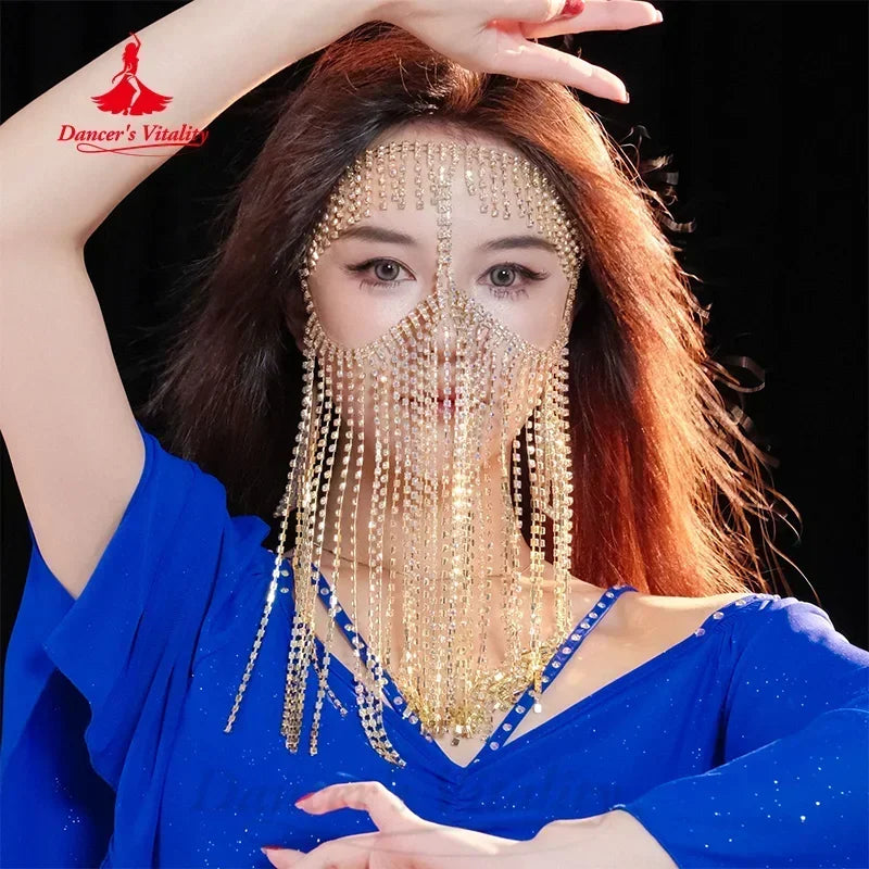 Belly Dance Face Veil Mask, Women's Gold Sparkly Rhinestone Tassel Headpiece, Egyptian Dance Jewelry Accessory