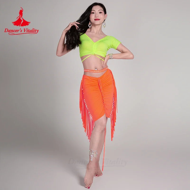 Belly Dance Costume Women's Neon Green Short Sleeve Crop Top with Criss-Cross Straps and Ruched Fringe Skirt