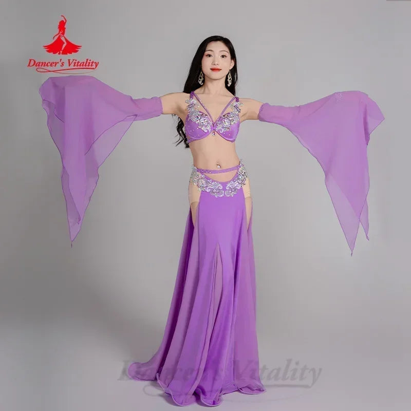 Women's Belly Dance Costume 3-Piece Set With Rhinestone Bra, Sleeves, Long Chiffon Skirt For Performance