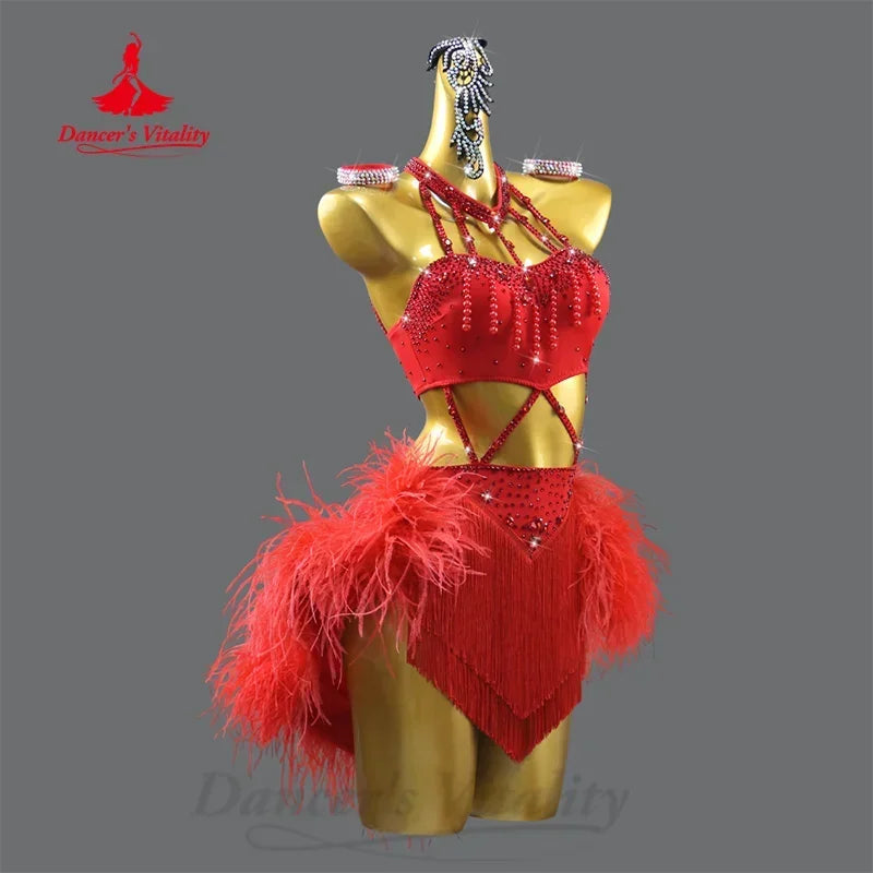 Dance Dress Women's Royal Blue Rhinestone Feather Fringe Latin Ballroom Dance Costume