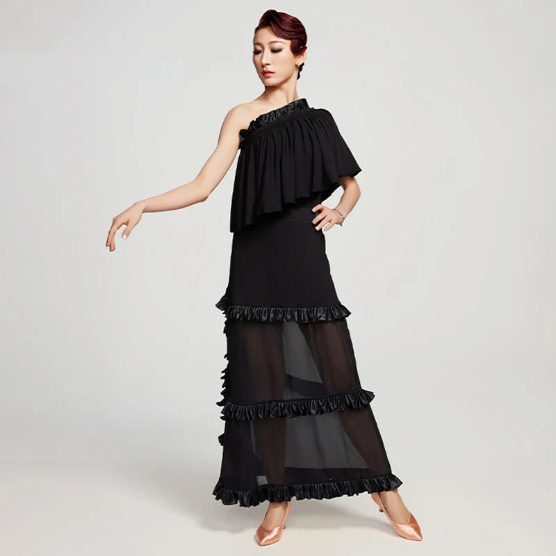Women's Black One-Shoulder Ruffle Chiffon Tiered Latin Ballroom Dance Dress