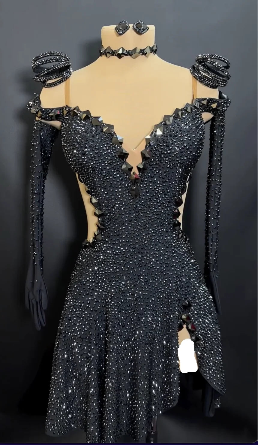 Women's Black Rhinestone Latin Ballroom Dance Dress with Cut-Outs and Long Sleeves