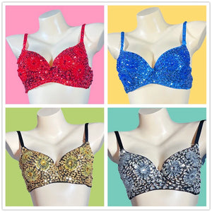 Sequin Beaded Dance Bra Top, Women's, Pink, Blue, Purple, Black, Embellished, Belly Dance