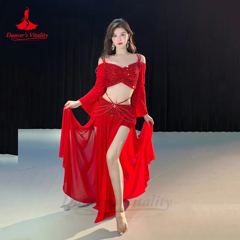 Women's Red Sequin Off-Shoulder Crop Top & Slit Skirt Belly Dance Costume