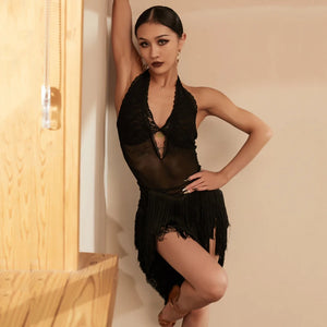 Women's Black & Brown Lace Halter Neck Fringe Latin Dance Dress