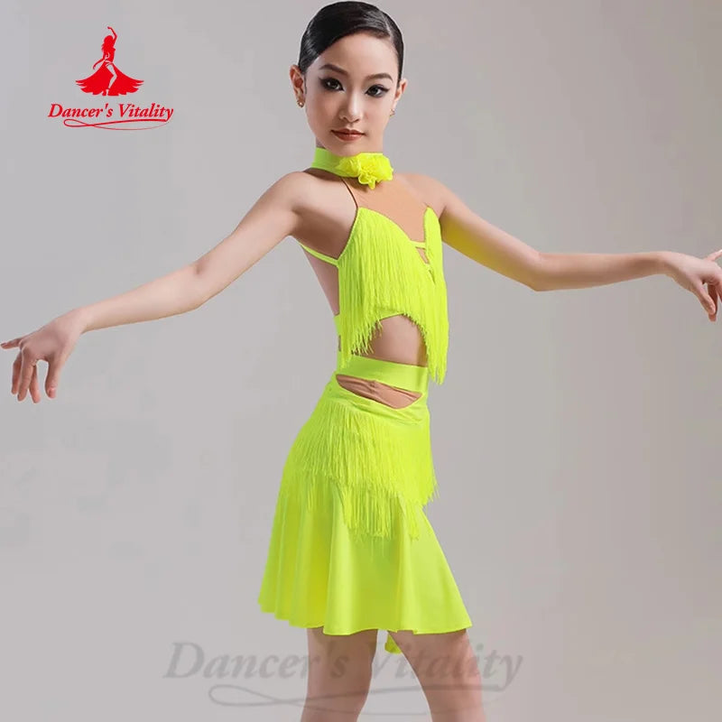 Latin Dance Dress, Girls & Women's, Orange & Neon Yellow, Fringe Cut-out Halterneck, Ballroom Salsa Cha Cha Rumba Tango