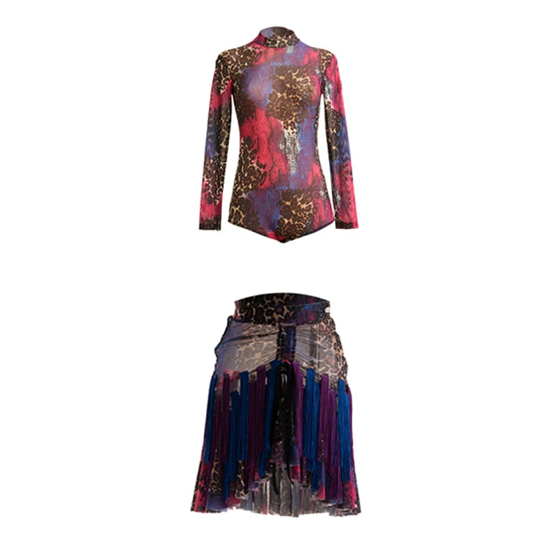 Women's Leopard Print Mesh Long Sleeve Bodysuit with Fringe Skirt Latin Dancewear