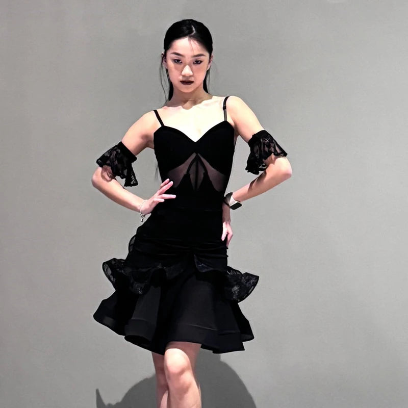Women's Black Mesh Ruffled Latin Rhythm Salsa Dance Dress