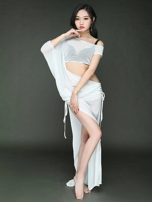 Women's Belly Dance Long Dress Costume With Short Sleeves For Performance