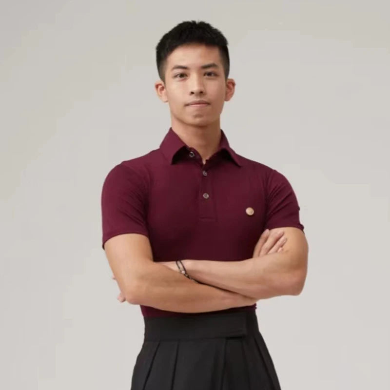 Men's Brown Ribbed Polo Dance Shirt with High-Waisted Pleated Trousers for Latin Ballroom