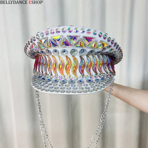 Women's White Iridescent Crystal Sequin Military Captain Hat with Chain, Festival Dance