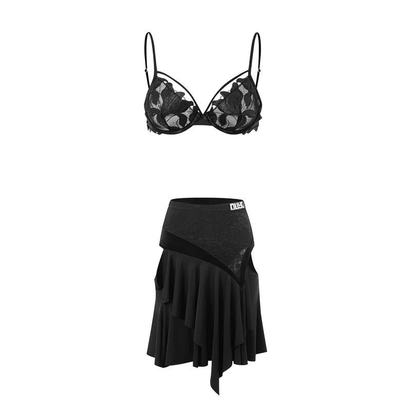 Women's Black Lace Asymmetrical Ruffle Latin Ballroom Dance Skirt Set