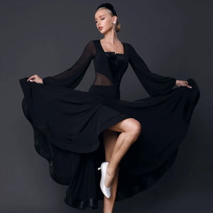 Women's Red & Black Ballroom Dance Dress with Mesh Sleeves & Velvet Bodice