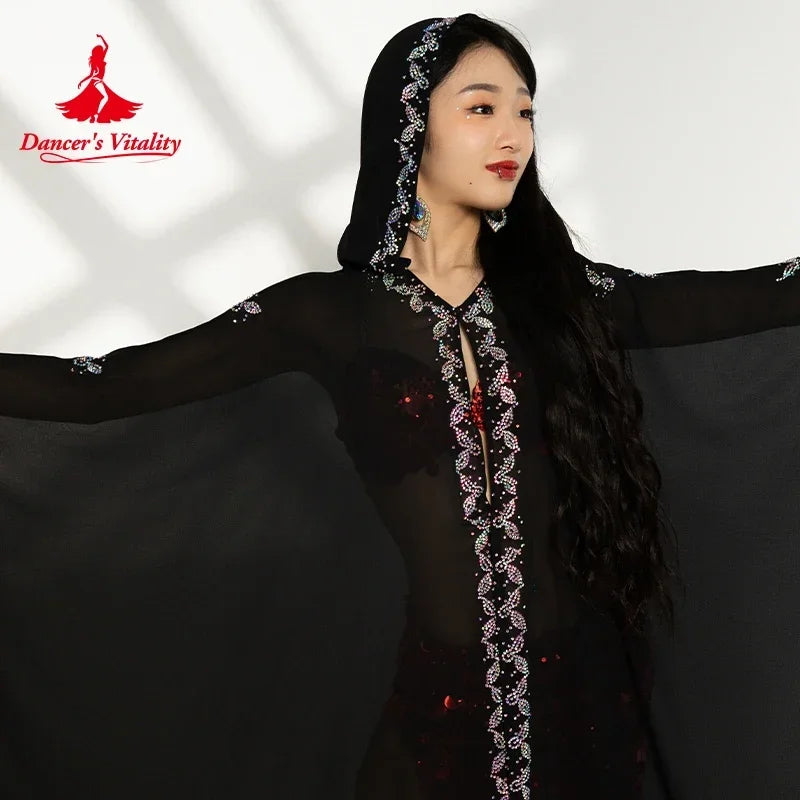 Belly Dance Women's Black Sheer Chiffon Kaftan with Silver Embroidery and Sequin Accents Tribal Fusion Costume
