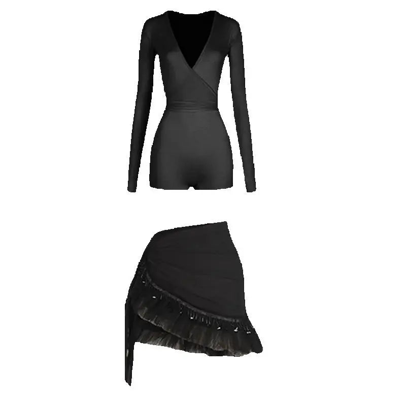 Women's Black, Pink, Ivory Long Sleeve V-Neck Wrap Bodysuit with Ruffled Tulle & Satin Tie Skirt for Latin Ballroom Dance