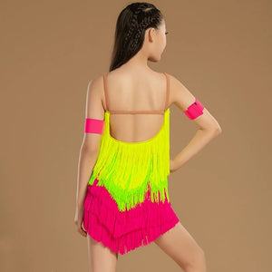 Girls' Neon Green & Hot Pink Fringe Sequin Latin Dance Dress