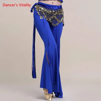Belly Dance Pants Women's Yellow Sequin Hip Scarf Bell Bottom Slit Leg Pants for Oriental Dance Performance