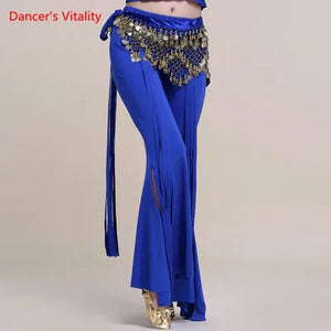 Belly Dance Pants Women's Yellow Sequin Hip Scarf Bell Bottom Slit Leg Pants for Oriental Dance Performance
