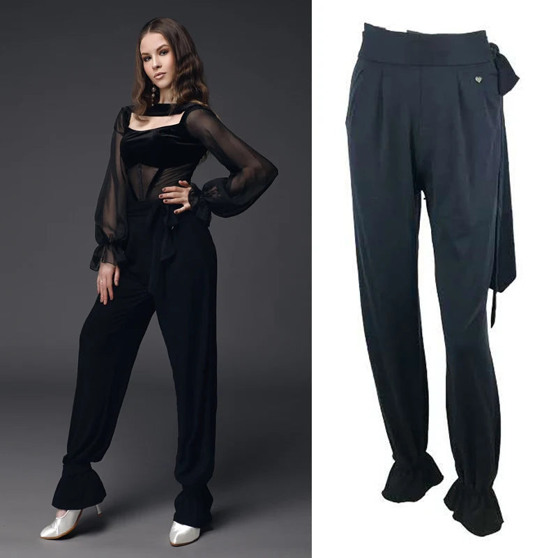 Women's Black Sheer Velvet Long Sleeve Bodysuit & Ruffled Hem Dance Pants Latin Ballroom