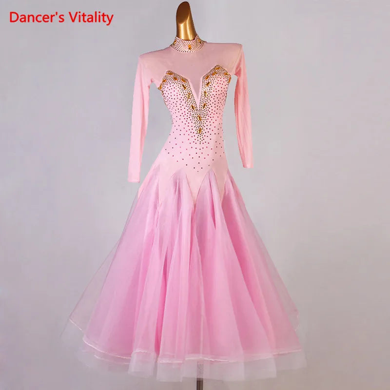 Ballroom Dance Dress Women's Green Mesh Long Sleeve Embellished Gown Standard Waltz Tango Competition Costume