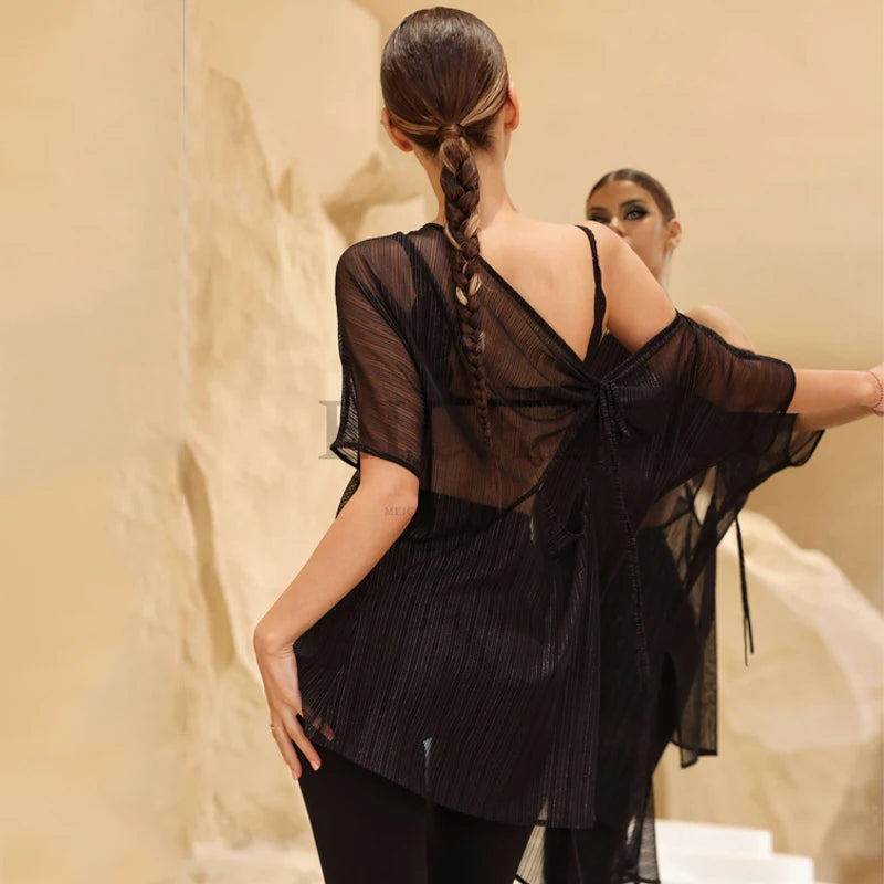 Women's Black Sheer Pleated Off-Shoulder Dance Top with Spaghetti Straps