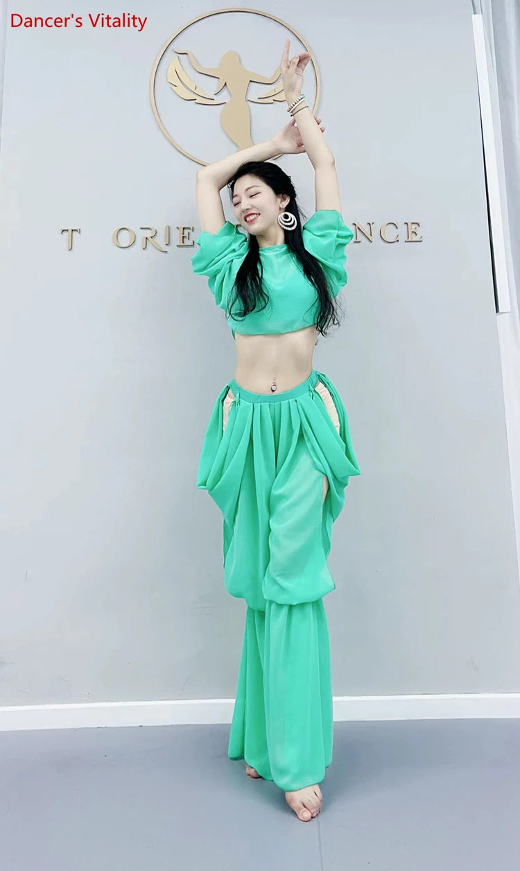 Belly Dance Women's Royal Blue Sheer Chiffon Cropped Top and Flowy Skirt Set with Side Slits