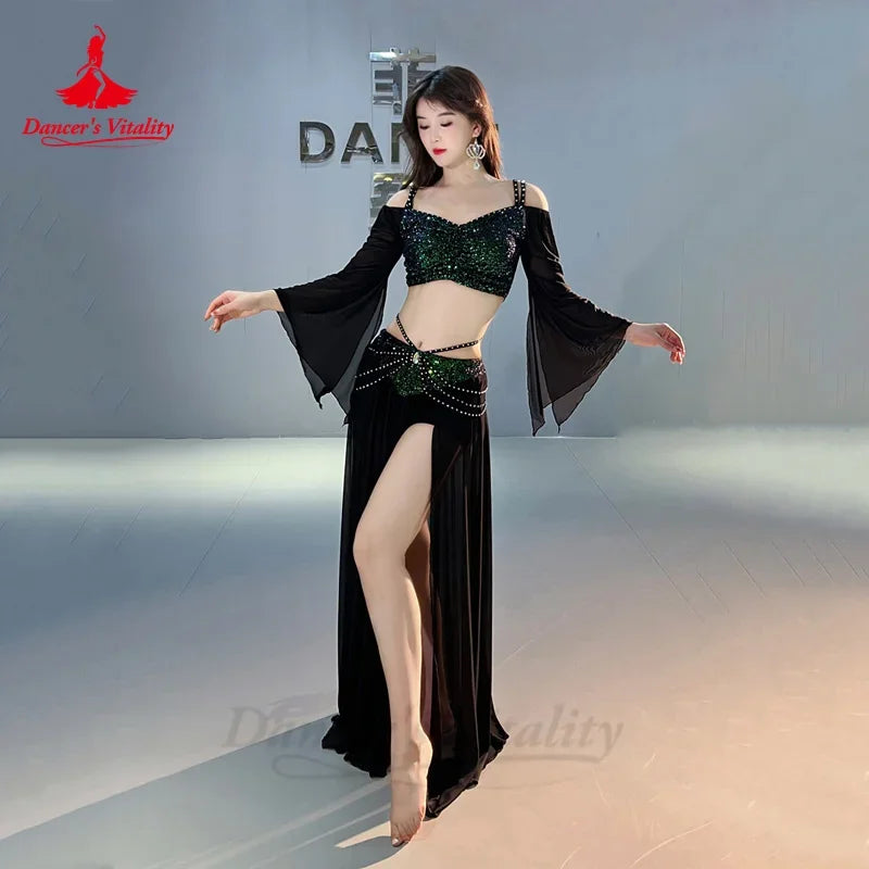 Women's Red Sequin Off-Shoulder Crop Top & Slit Skirt Belly Dance Costume