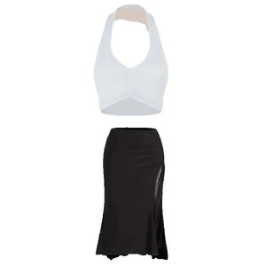 Women's Black Halter Neck Ruched Crop Top & Side Drawstring Ruffle Hem Skirt Latin Dancewear Set