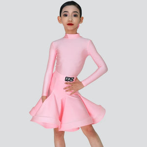 Girls' Pink Long Sleeve Mock Neck Pleated Skirt Latin Ballroom Dance Dress